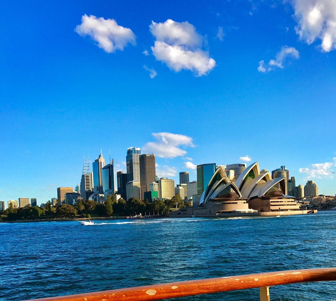 Opernhaus von Sydney vor der Skyline der Stadt.