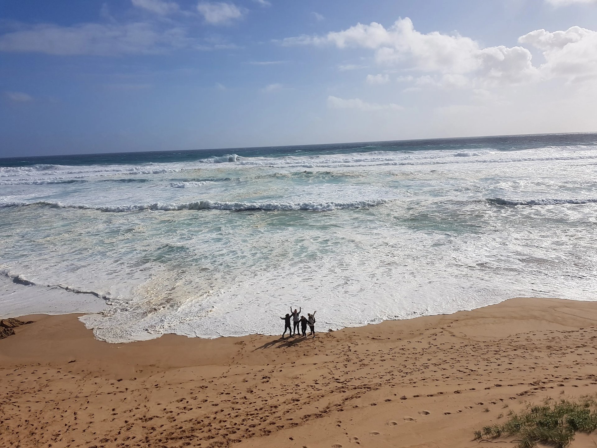 Eine Gruppe Studierende am Strand in Australien mit Blick auf die Wellen.