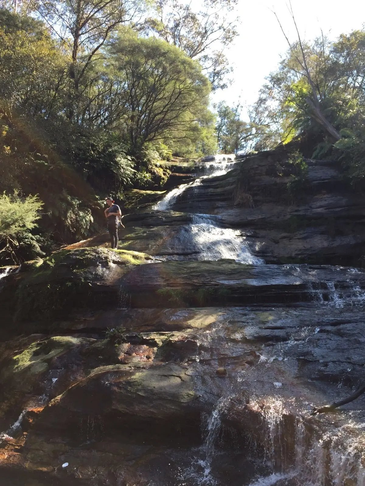 Ein Student der University of Technology Sydney steht an einem mehrstufigen Wasserfall, der von Felsen und dichter Vegetation umgeben ist.