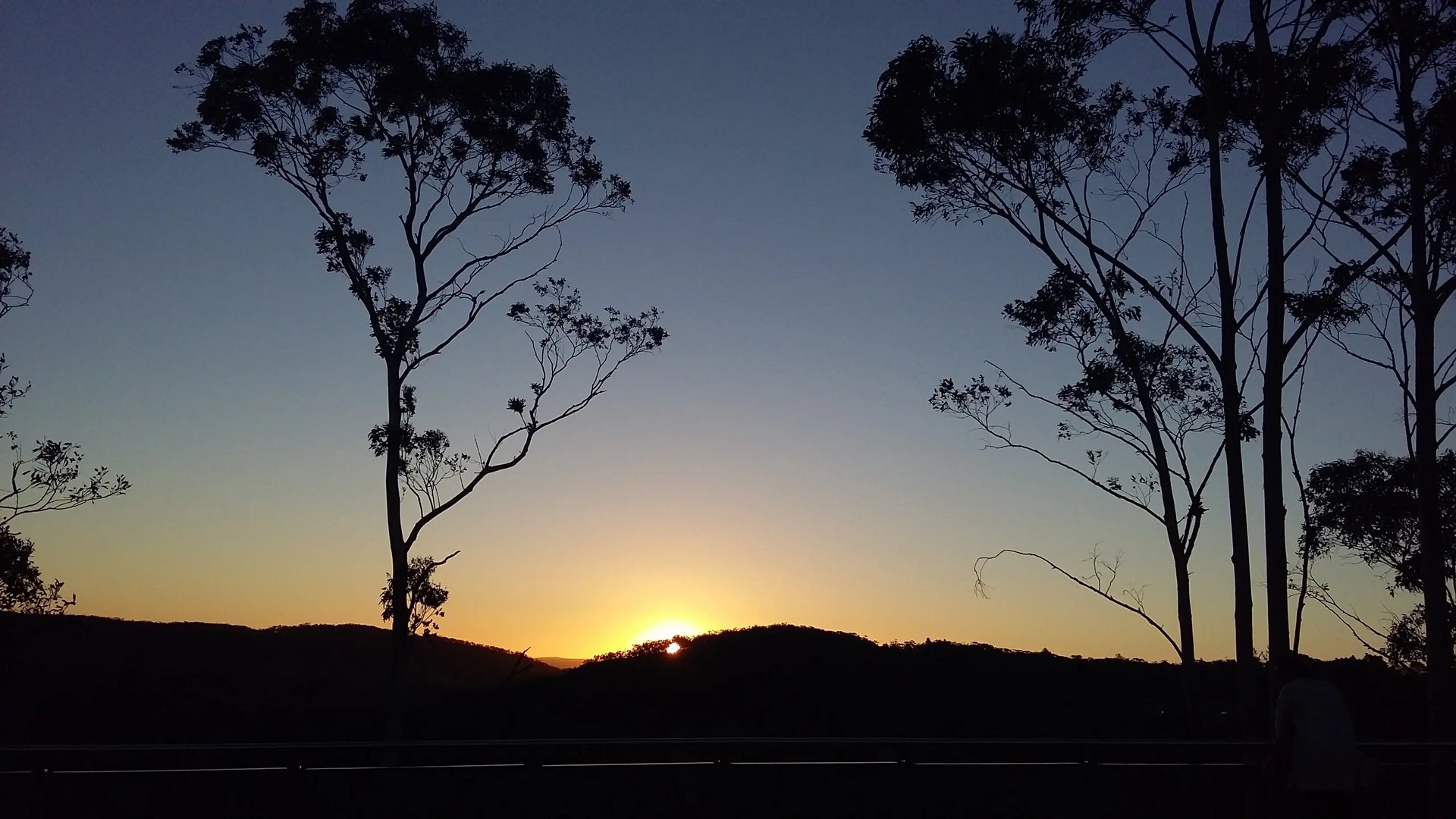 Sonnenuntergang mit Silhouetten von Bäumen und Berge in Sydney, Australien.