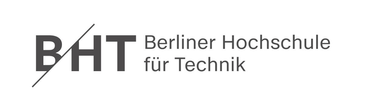 Das Logo der Berliner Hochschule für Technik (BHT) mit einem schlichten Schwarz-Weiß-Design und diagonaler Linie.