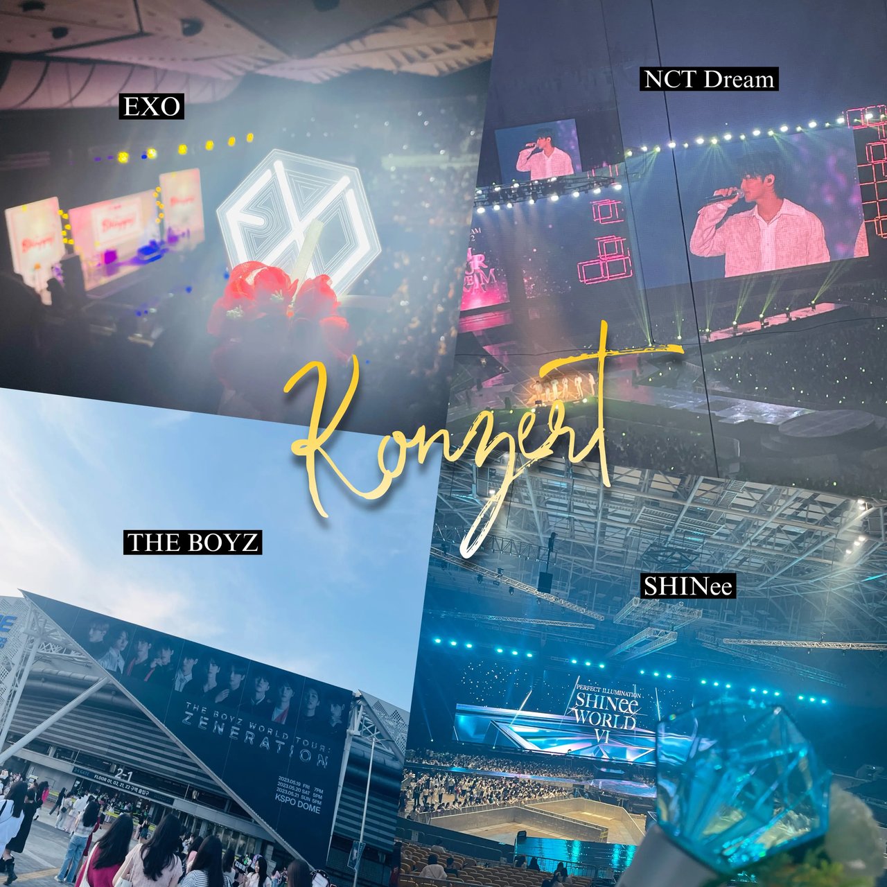 Collage von Konzertaufnahmen in Seoul mit verschiedenen K-Pop-Gruppen wie THE BOYZ und SHINee, umgeben von Konzertlichtern und Bühnen.
