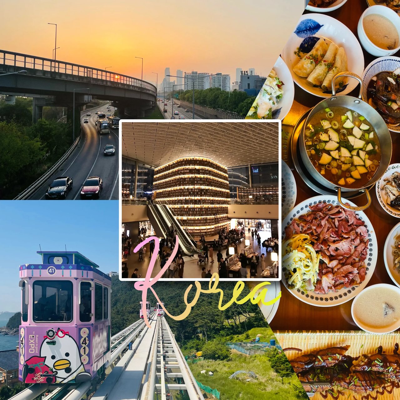 Collage von Alltagsszenen in Korea, darunter eine bunte Straßenbahn, Einkaufszentrum und traditionelle koreanische Gerichte. Der Schriftzug "Korea" ist dekorativ eingebunden.