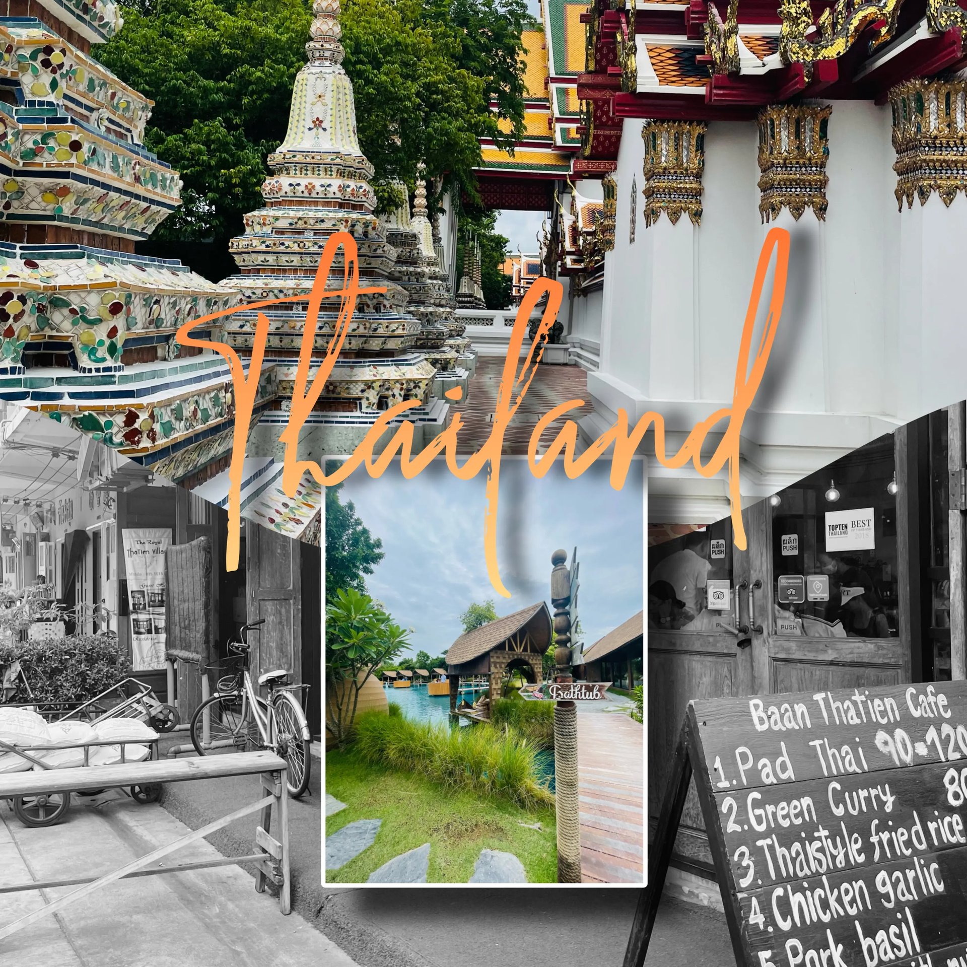 Collage von Sehenswürdigkeiten, traditionellen Häusern und Straßenszenen in Thailand, mit dem Schriftzug "Thailand" überlagert.