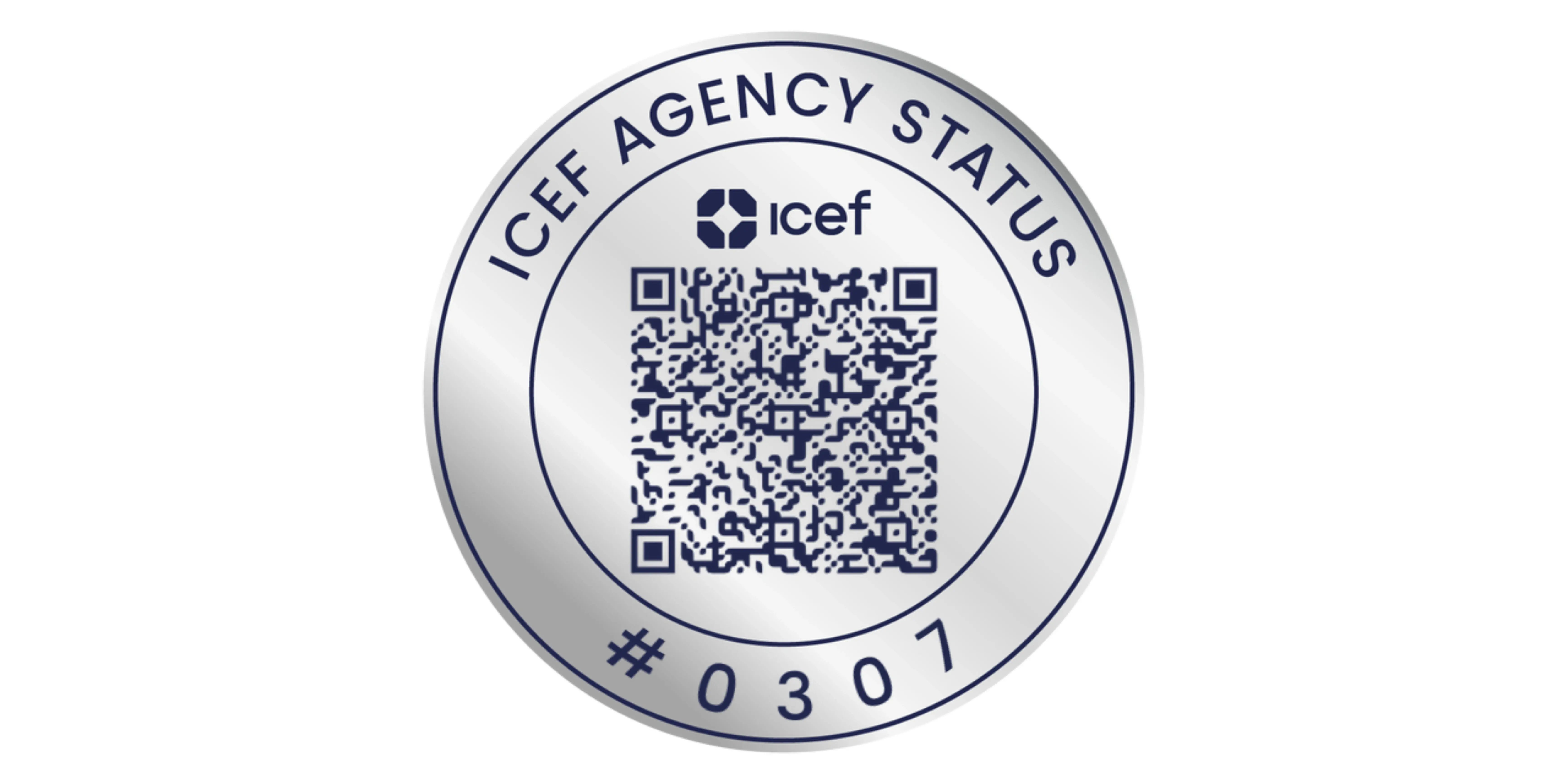 ICEF-Agentur-Status-Logo mit QR-Code und der Nummer 0307 – Symbol für die offizielle Anerkennung und Zertifizierung als ICEF-Agentur.