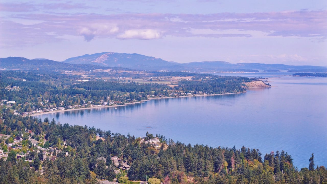 Panoramablick auf einen See und Wälder auf Vancouver Island.