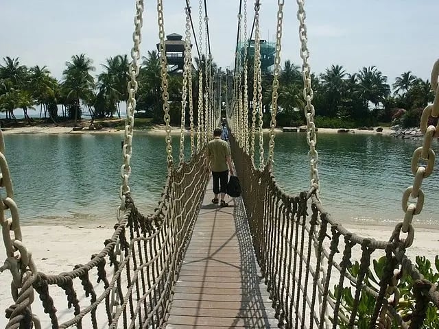 Person auf einer Hängebrücke mit Palmen und Meer im Hintergrund in Singapur.