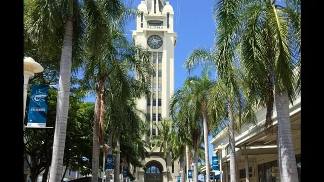 Historischer Uhrturm in Honolulu, Hawaii, umgeben von Palmen.
