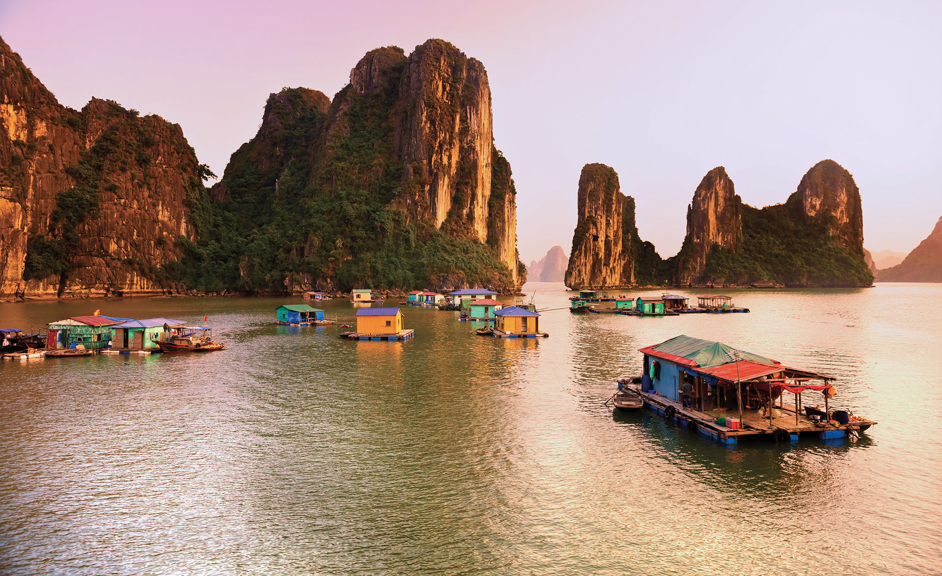 Schwimmende Häuser und Boote in einer malerischen Bucht in Vietnam, umgeben von markanten, grünen Kalksteinfelsen. 