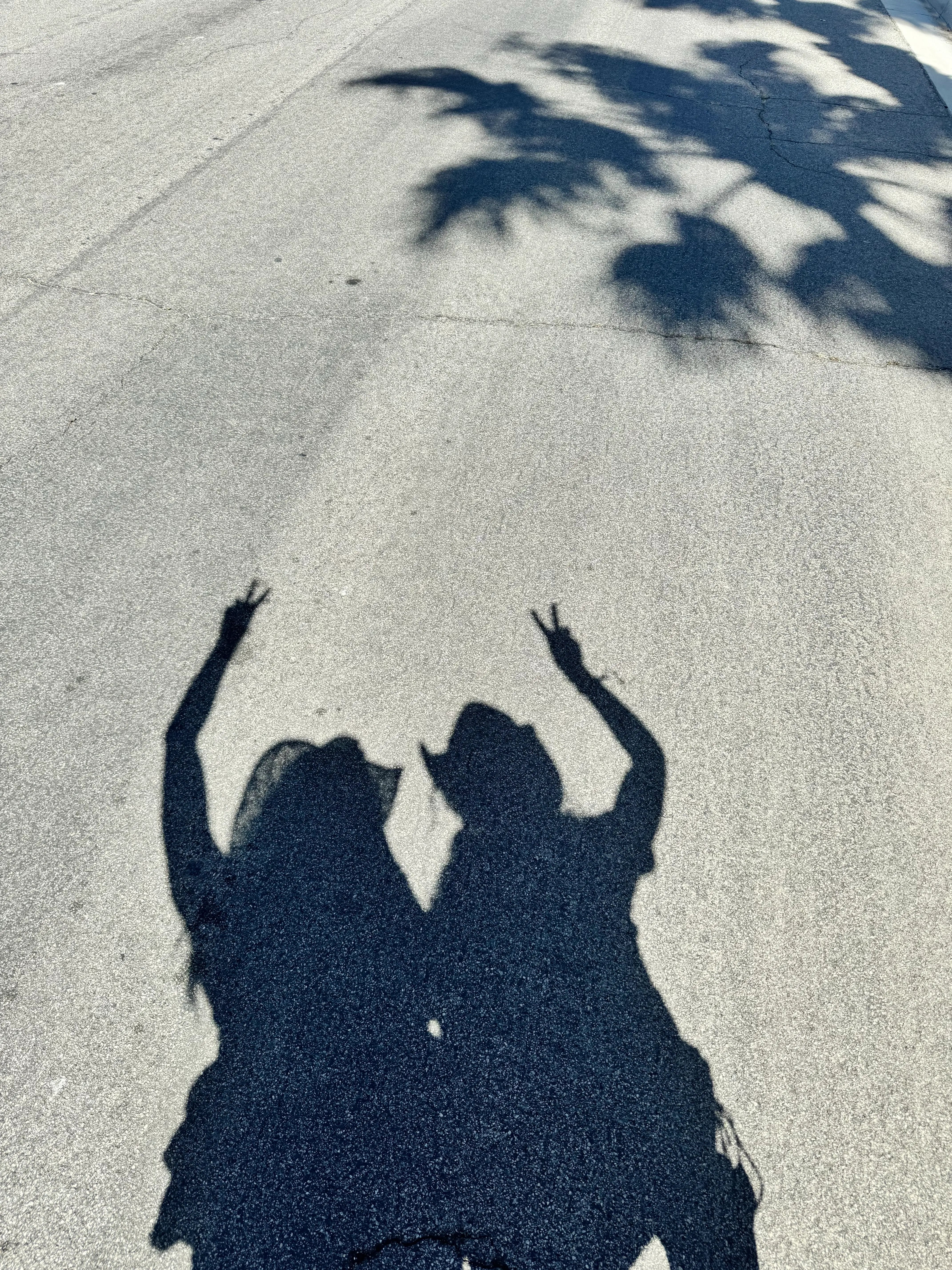 Schatten zweier Personen mit Cowboyhüten auf Asphalt, Peace-Zeichen mit Fingern.